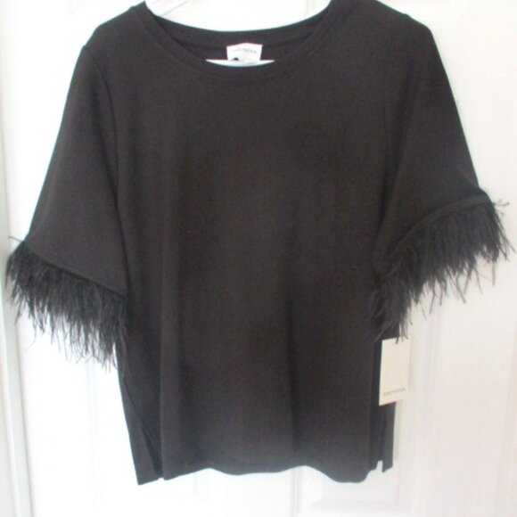NWT Black Forcynthia top with fleathered short sleeves, Size L - Picture 1 of 10